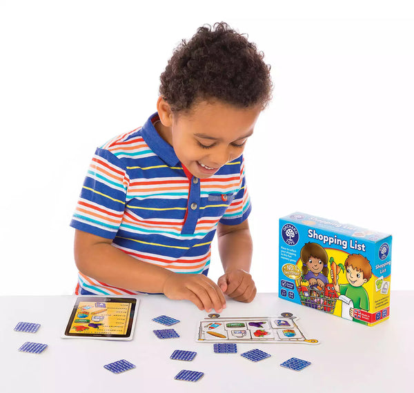 Child enjoying playing with shopping list from orchard toys