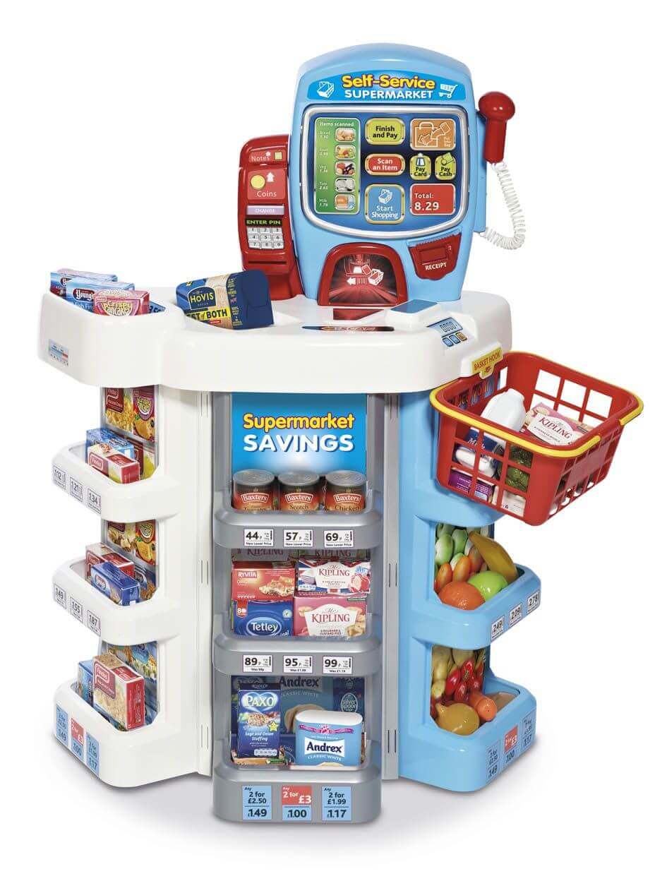 Imaginative play and pretend play with casdon self-service supermarket game for kids